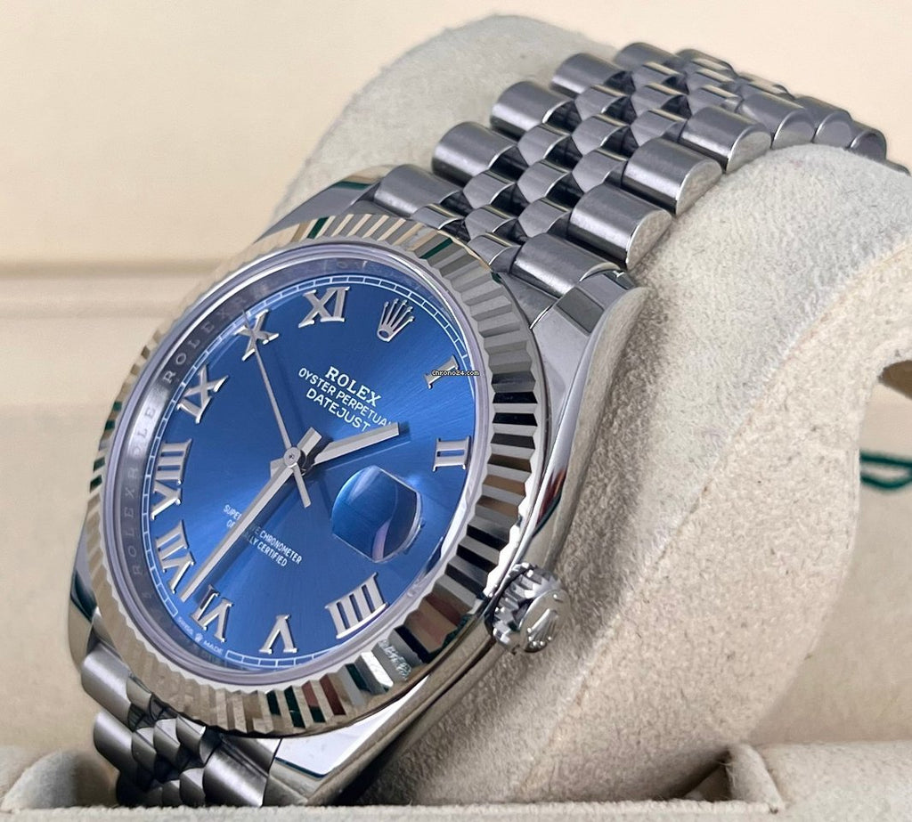 Datejust 41 18K Weißgoldlünette, Jubilee-Armband, blaues Azzurro-Zifferblatt, Box und Papiere