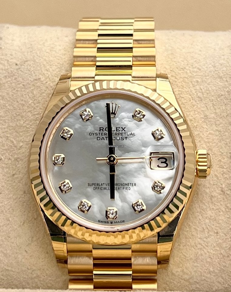 Datejust 31 MOP-Diamant-Zifferblatt, 18K Gold, 2022, neu, Full Stickers