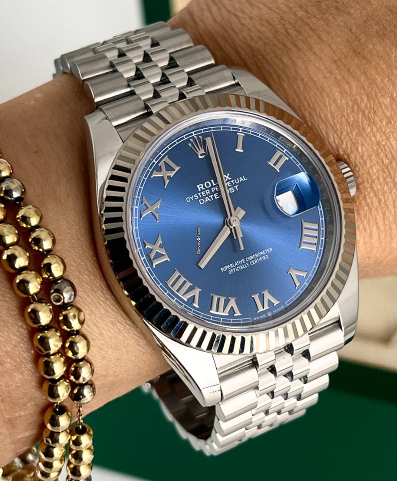 Datejust 41 18K Weißgoldlünette, Jubilee-Armband, blaues Azzurro-Zifferblatt, Box und Papiere