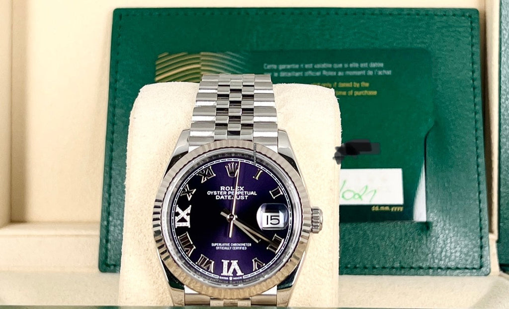 Datejust 36 Aubergine-Zifferblatt mit Diamanten, 18K Weißgoldlünette