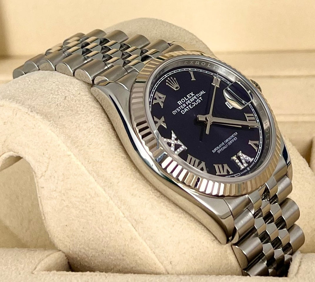 Datejust 36 Aubergine-Zifferblatt mit Diamanten, 18K Weißgoldlünette