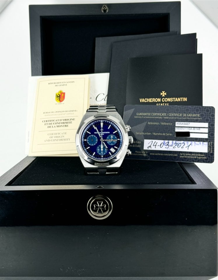 Overseas Chronograph mit blauem Zifferblatt, neu 2021, Komplettset