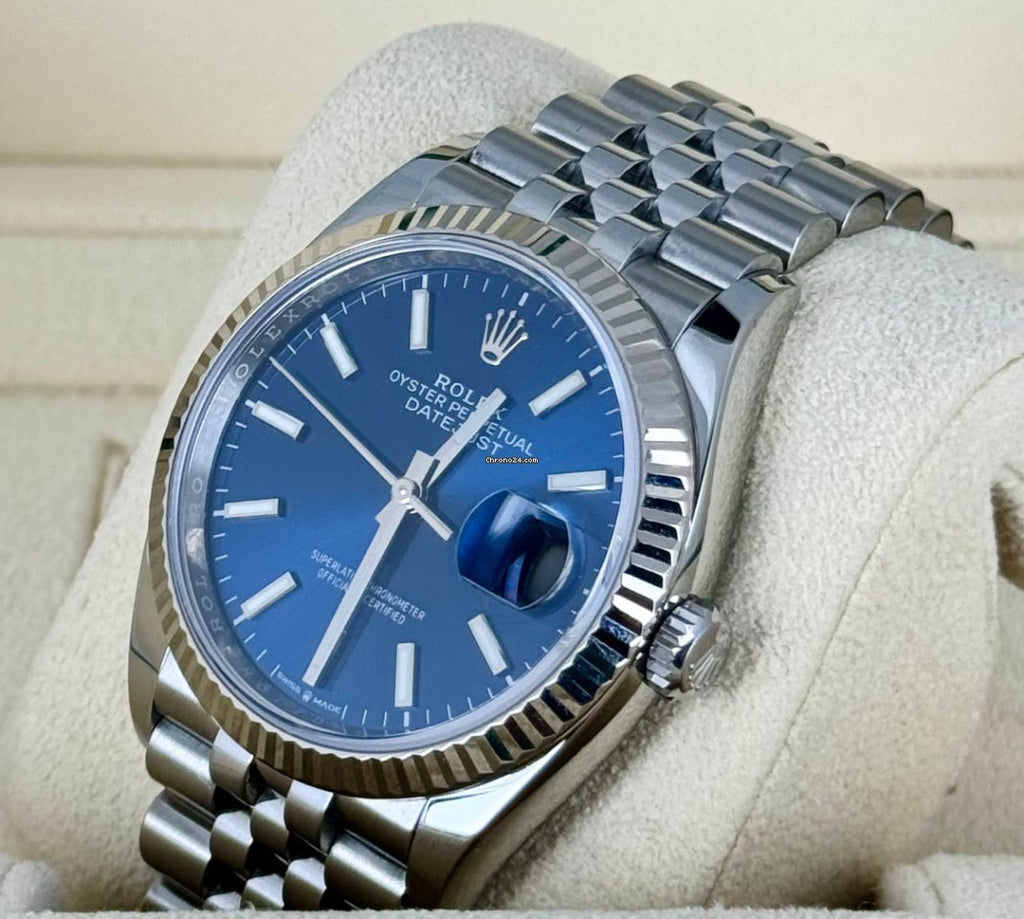 Datejust 36 blaues Stick-Zifferblatt, Jubilé-Band, 18K Weißgoldlünette