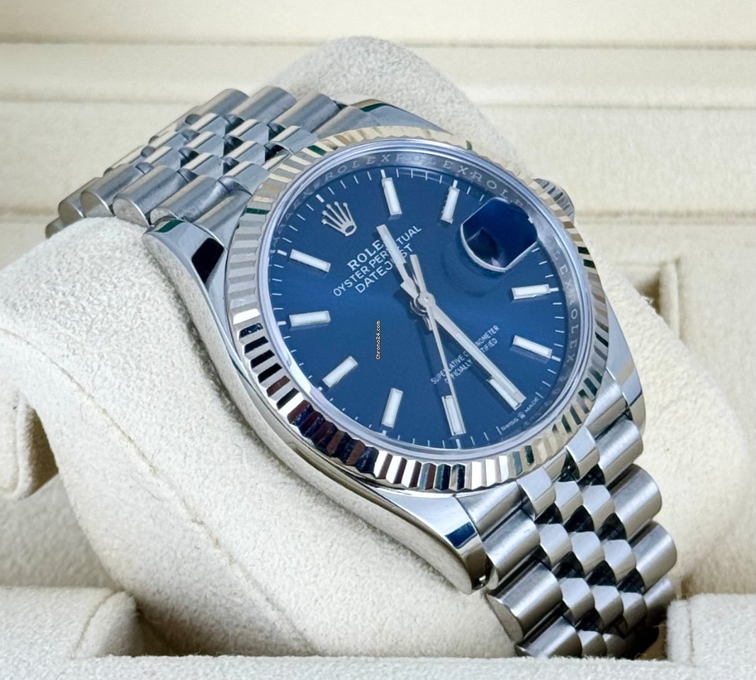 Datejust 36 blaues Stick-Zifferblatt, Jubilé-Band, 18K Weißgoldlünette