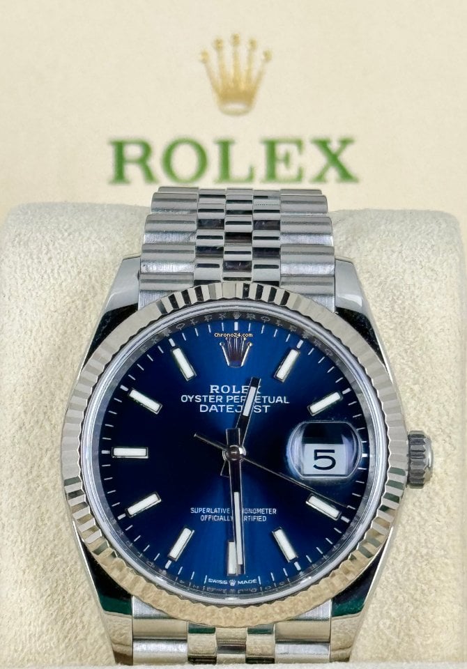 Datejust 36 blaues Stick-Zifferblatt, Jubilé-Band, 18K Weißgoldlünette