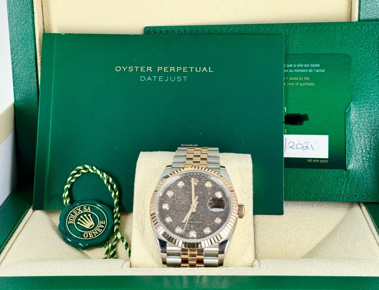 Datejust 36 zertifiziert, Roségold, schokoladenfarbenes Zifferblatt mit Diamanten, Jubilé-Band, 2021, 99 % neu, teilweise Sticker