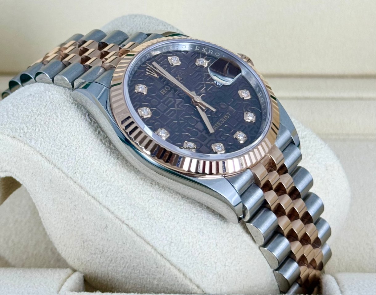 Datejust 36 zertifiziert, Roségold, schokoladenfarbenes Zifferblatt mit Diamanten, Jubilé-Band, 2021, 99 % neu, teilweise Sticker