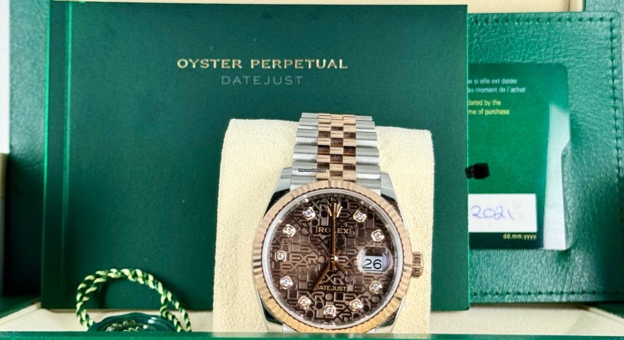 Datejust 36 zertifiziert, Roségold, schokoladenfarbenes Zifferblatt mit Diamanten, Jubilé-Band, 2021, 99 % neu, teilweise Sticker
