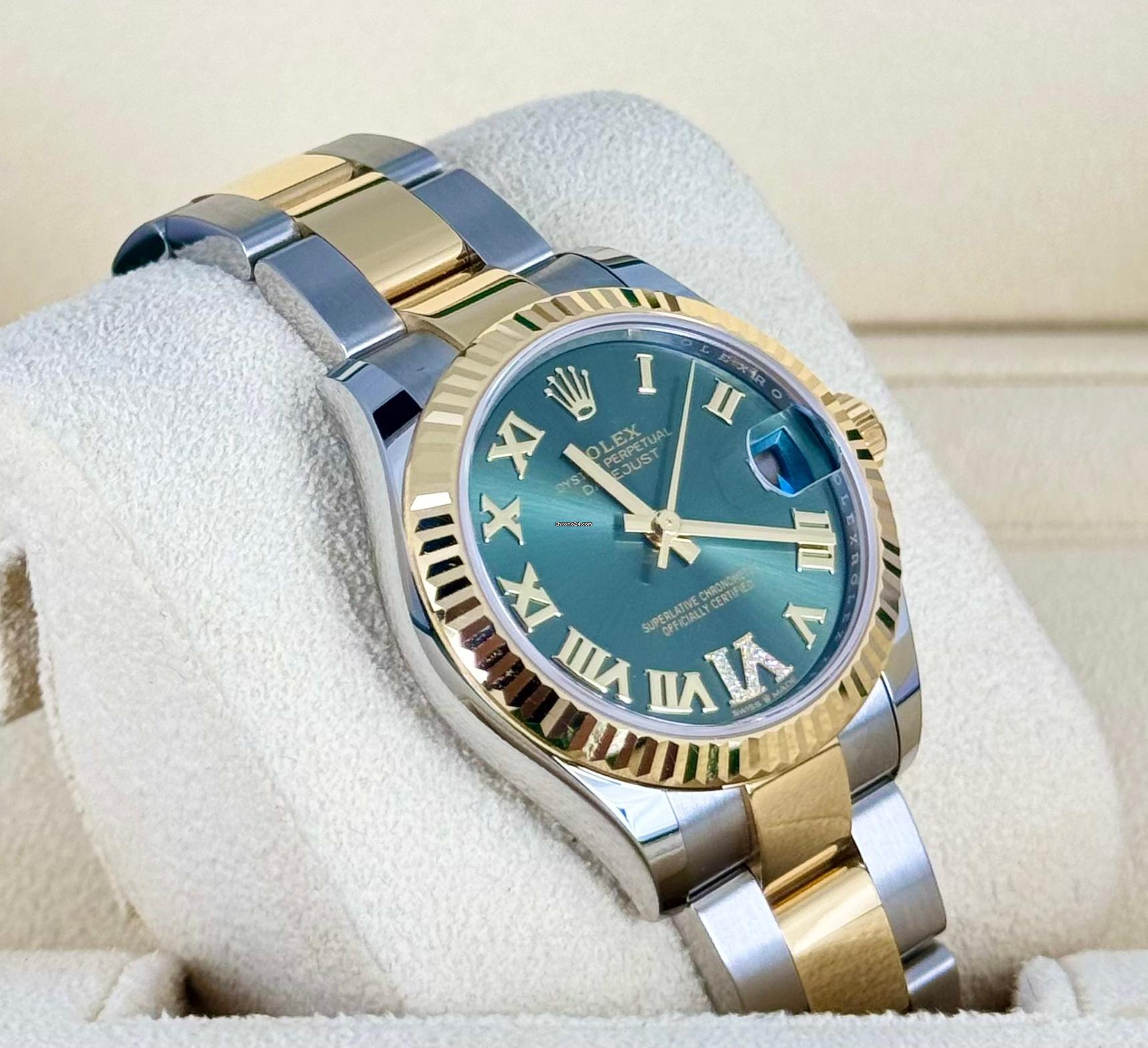 Rolex Datejust 31 grünes Zifferblatt mit Diamanten auf 6 und 9, neu, 2024