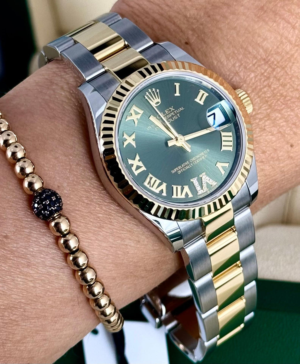 Rolex Datejust 31 grünes Zifferblatt mit Diamanten auf 6 und 9, neu, 2024