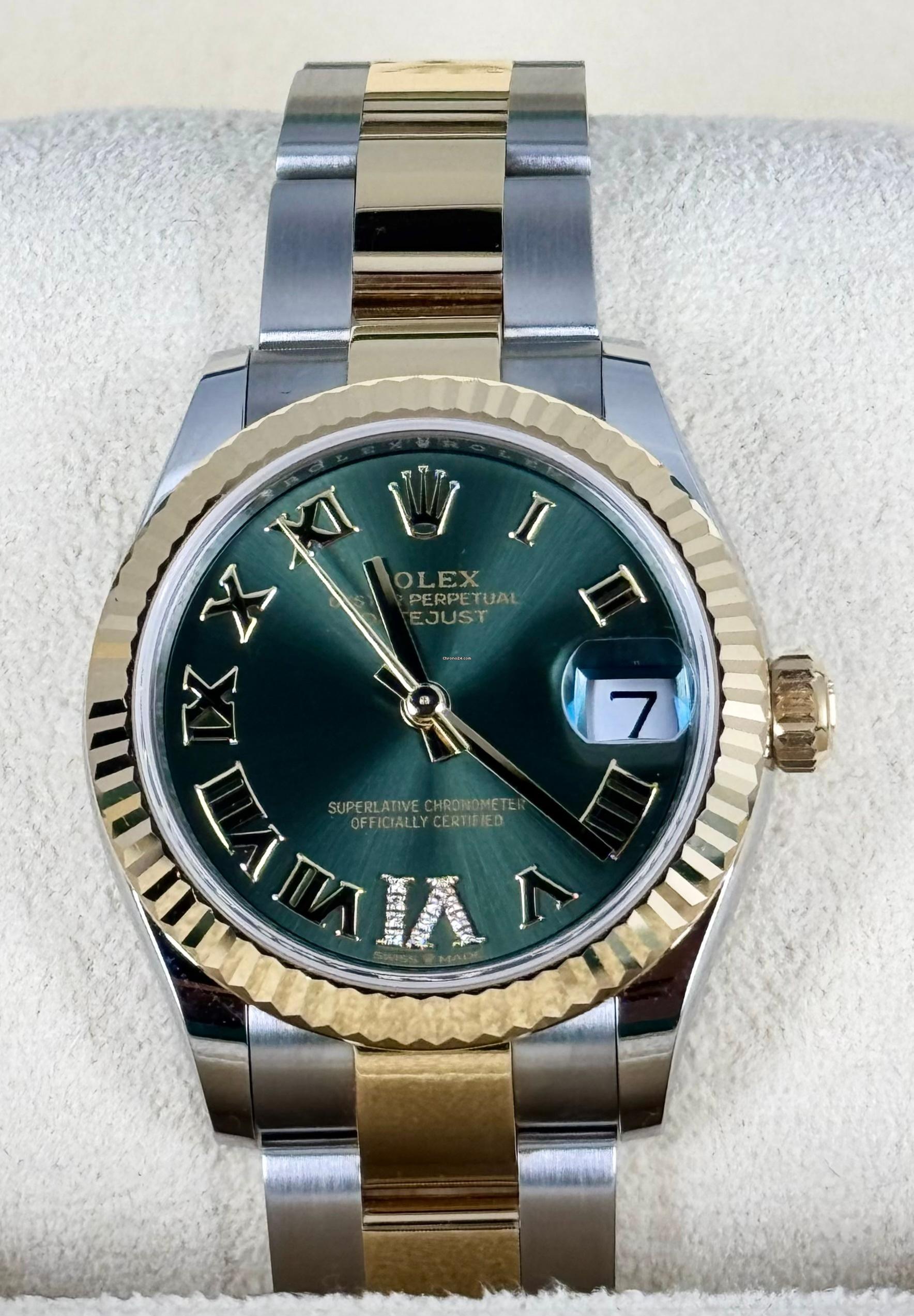 Rolex Datejust 31 grünes Zifferblatt mit Diamanten auf 6 und 9, neu, 2024
