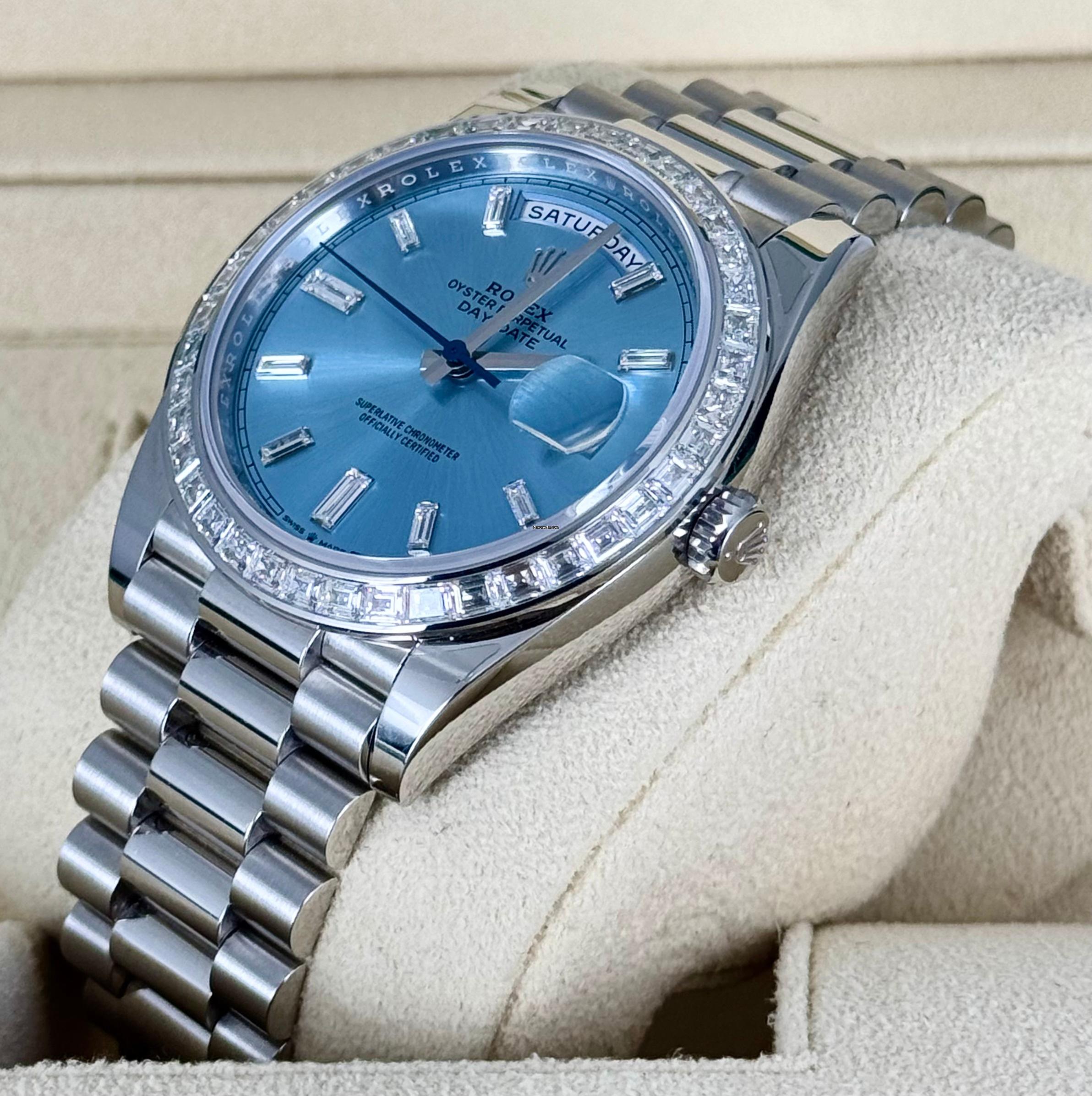 Day-Date 40 Platin mit Princess-Cut-Diamanten, vollständig ab Werk besetzt, 2022, neuwertig