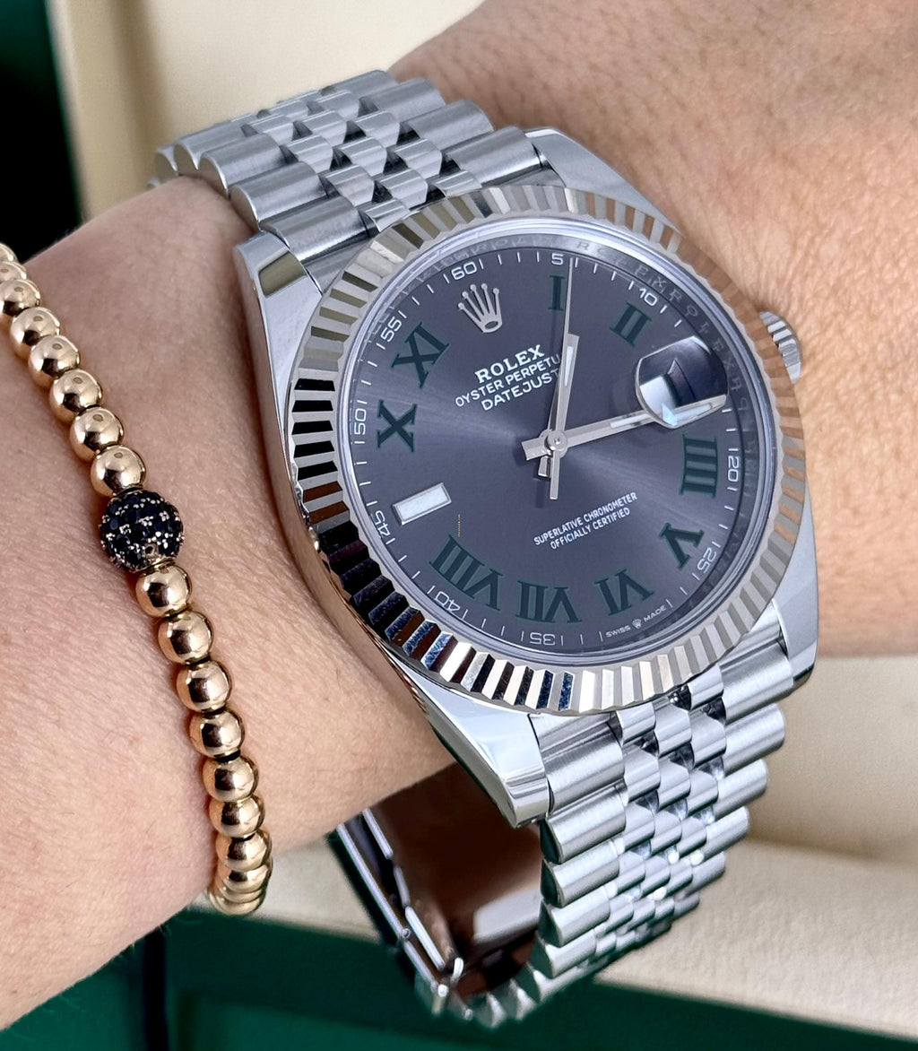 Rolex Datejust 41 zertifiziert, Weißgoldlünette, Wimbledon-Zifferblatt, Jubilé-Band, 2019, LC EU