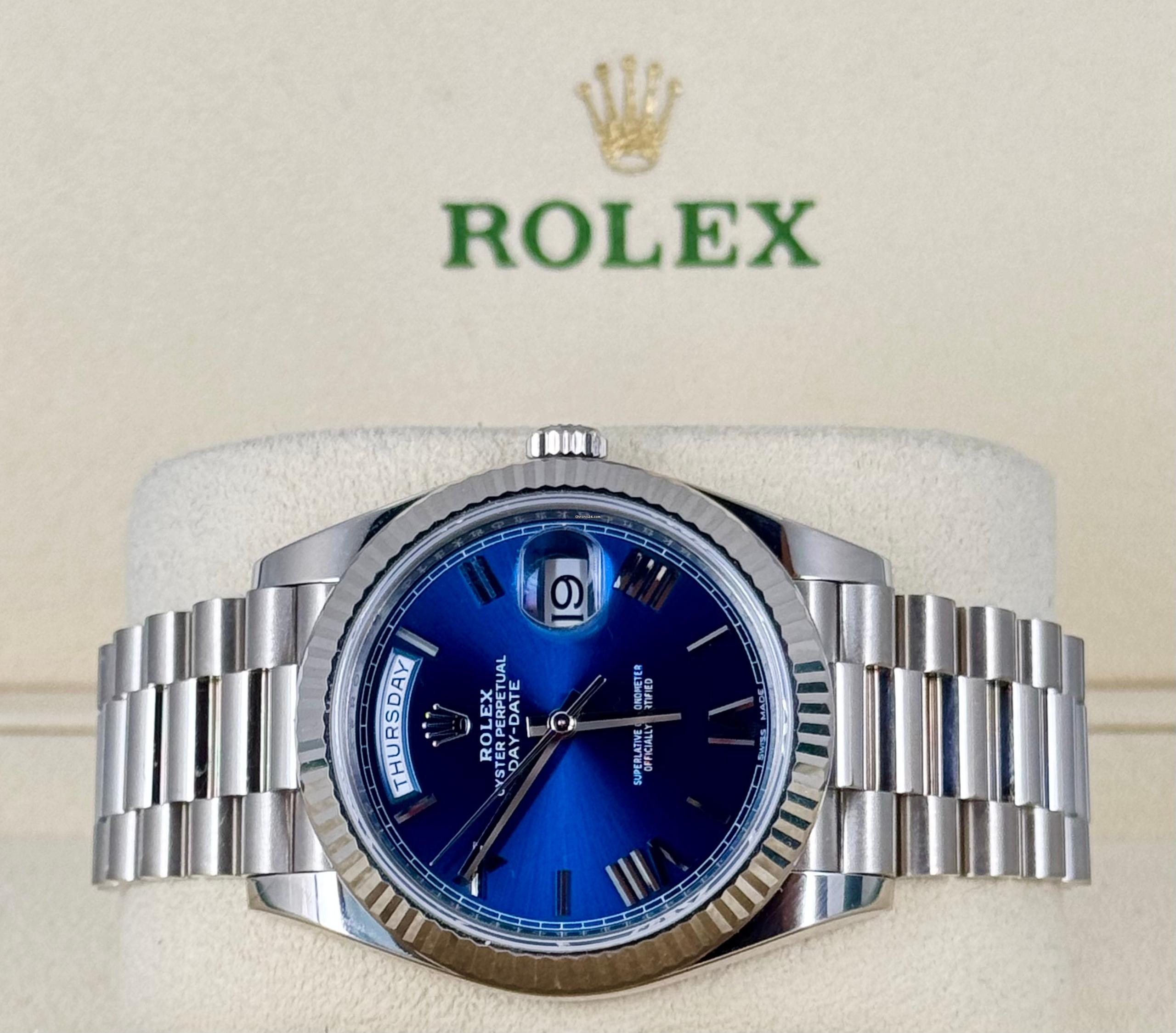 Rolex Day-Date 40 blaues Zifferblatt, 2019, Komplettset, EU-Papiere