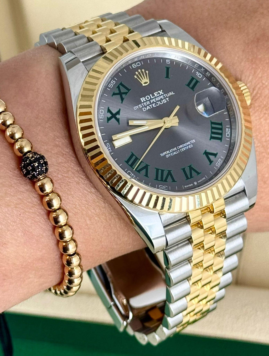 Rolex Datejust 41 Stahl und Gold 41 mm Full Set Wie neu Wimbledon-Zifferblatt Jubilee 18K