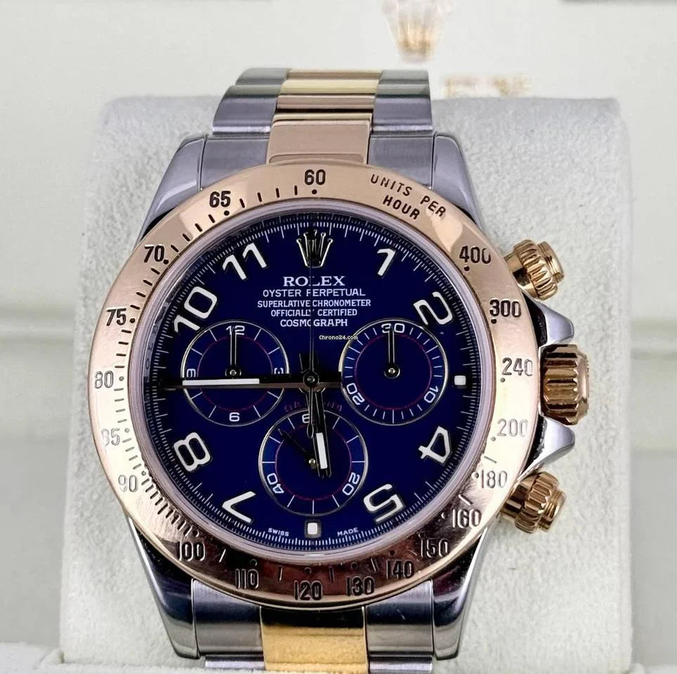 Rolex Daytona Blaues Racing-Zifferblatt Vollständiges Set 2014 Wie neu Stahl und Gold