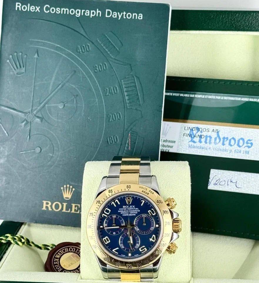 Rolex Daytona Blaues Racing-Zifferblatt Vollständiges Set 2014 Wie neu Stahl und Gold