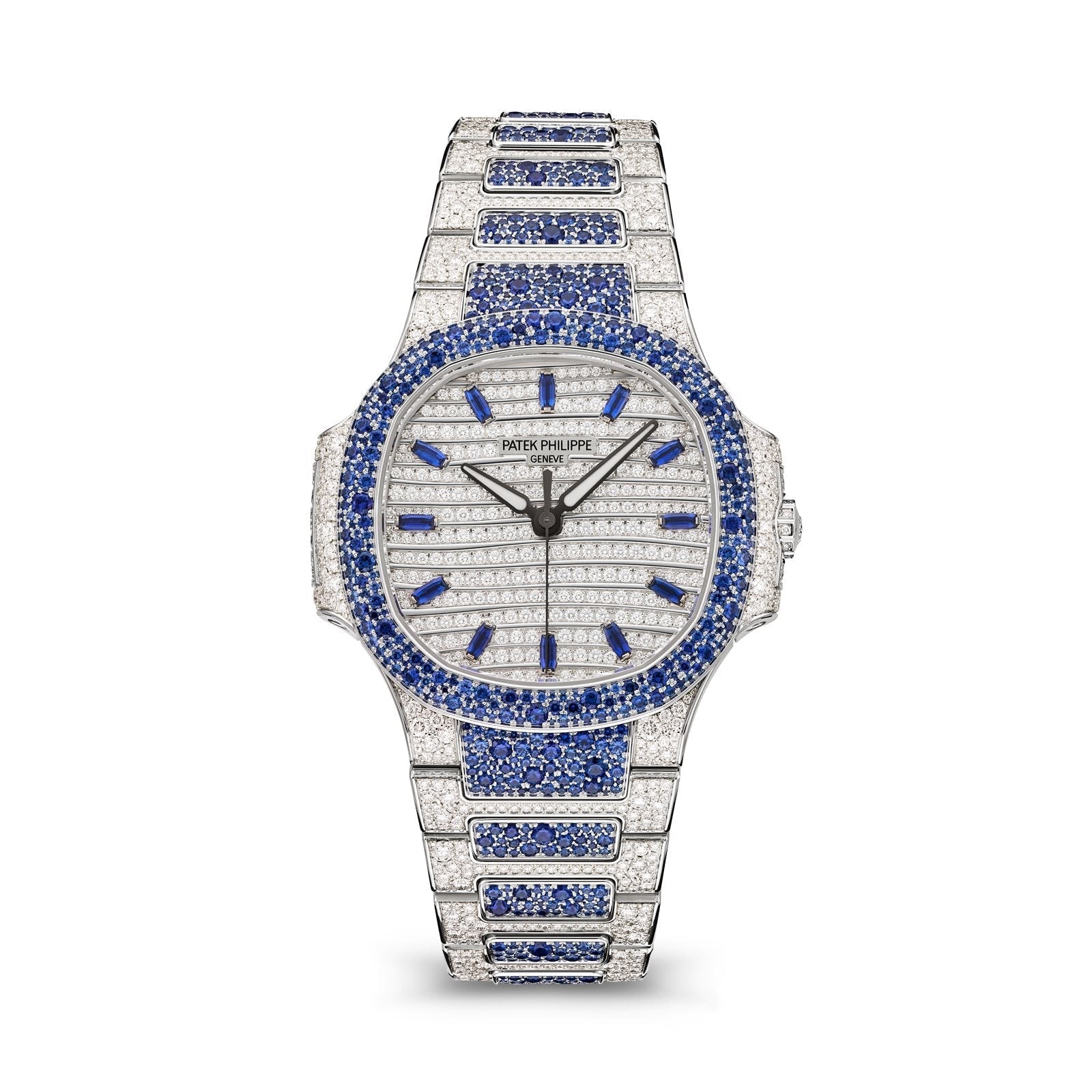 Nautilus Haute Joaillerie mit blauen Edelsteinen und vollständigem Diamantbesatz