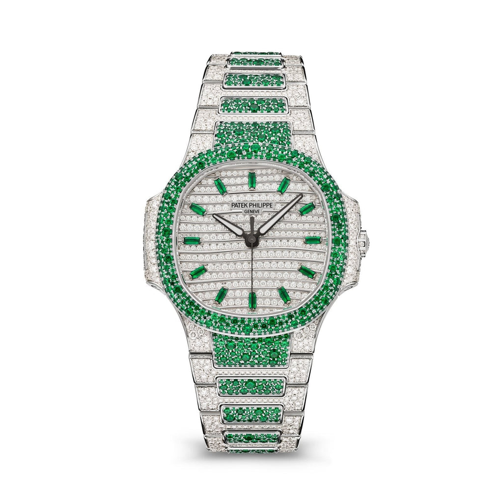 Nautilus Haute Joaillerie mit grünen Edelsteinen und vollständigem Diamantbesatz