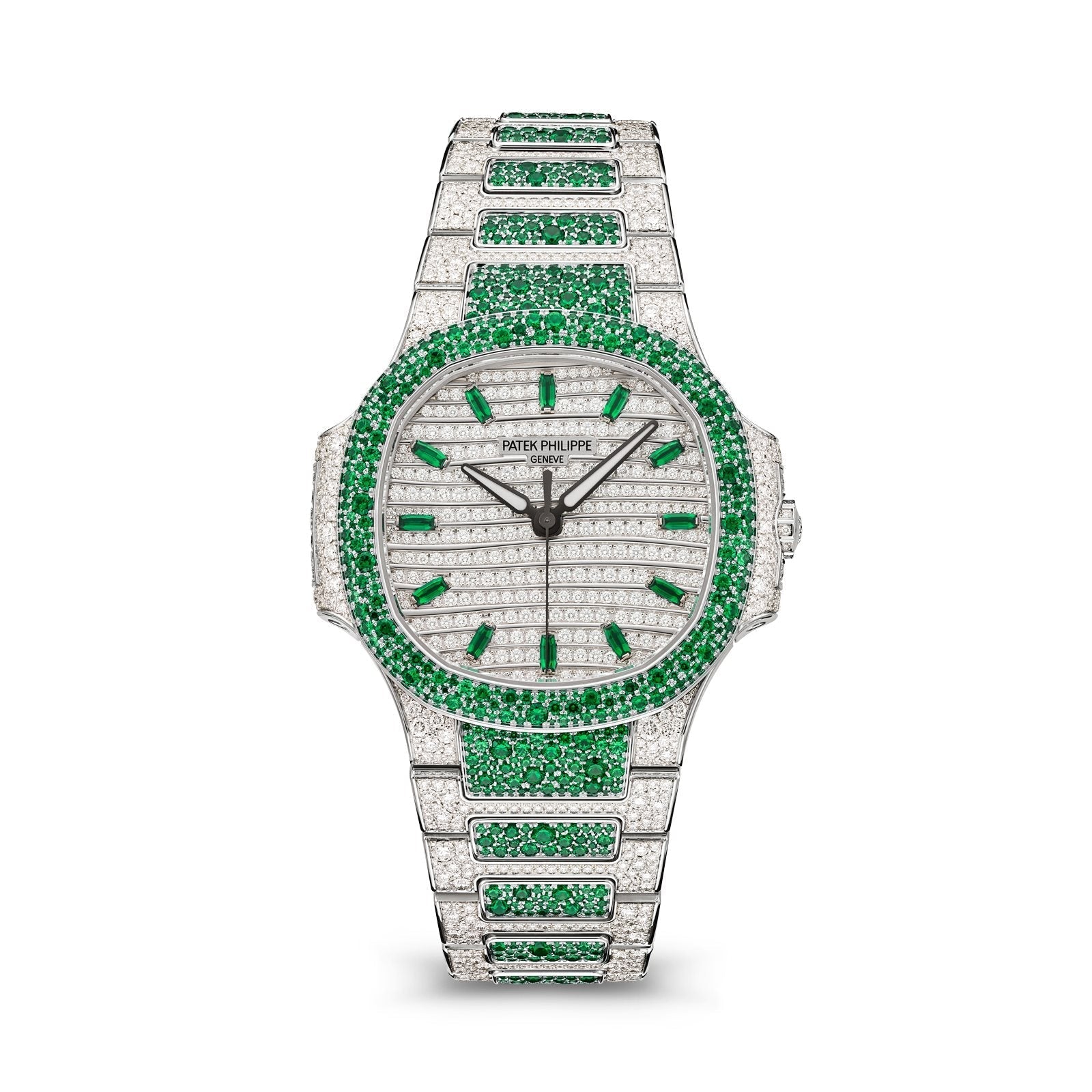 Nautilus Haute Joaillerie mit grünen Edelsteinen und vollständigem Diamantbesatz