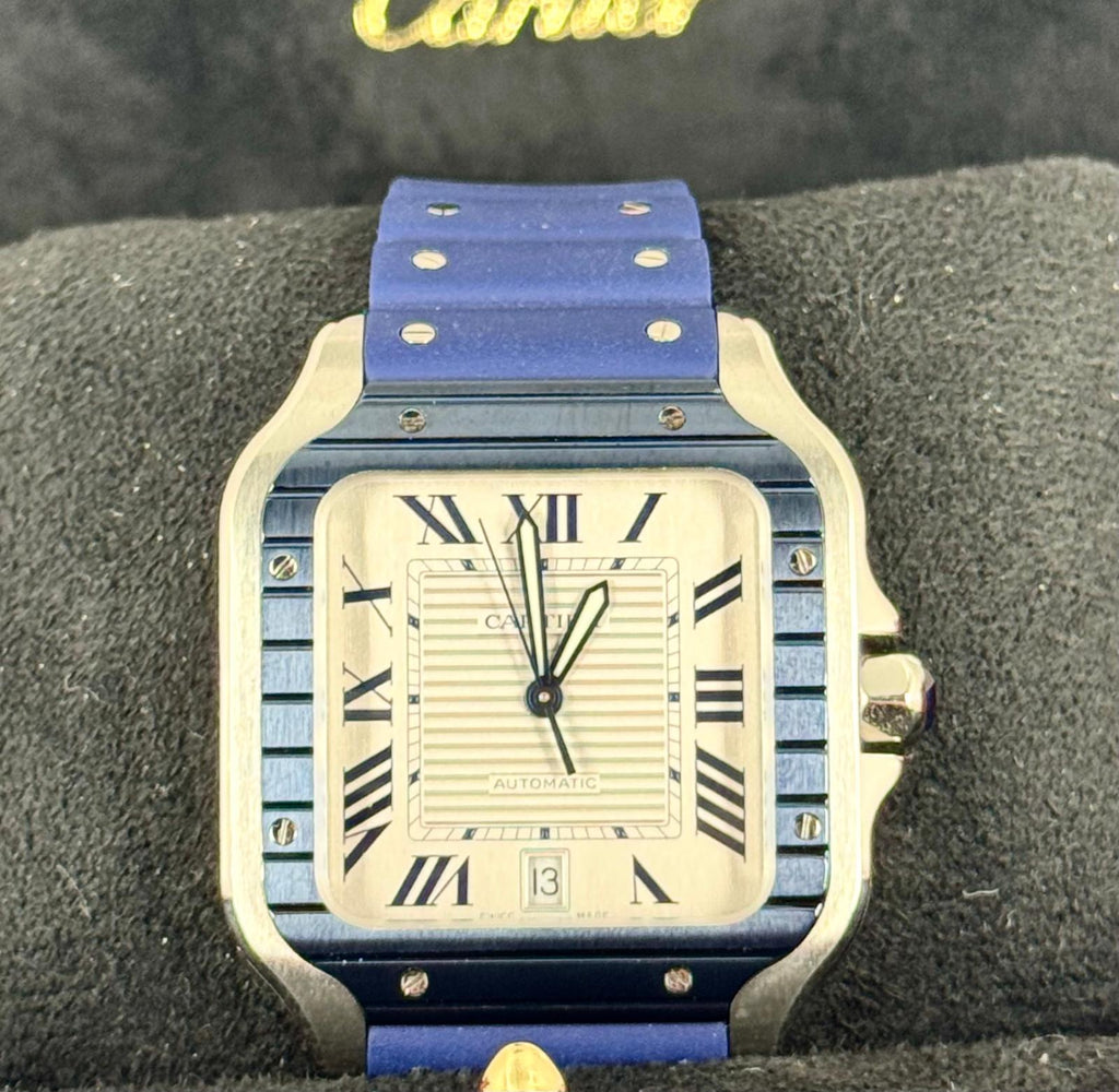 Santos de Cartier 11/2024 neu, großes Zifferblatt, blaue Keramiklünette