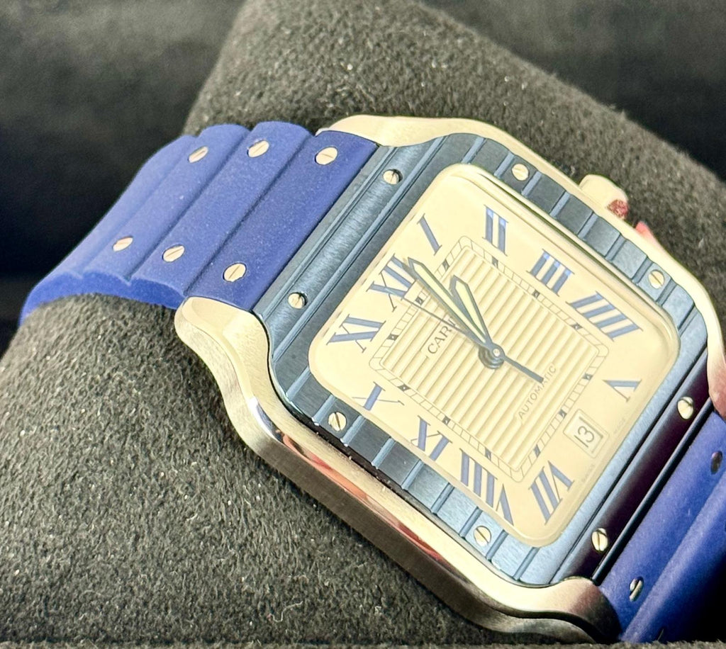 Santos de Cartier 11/2024 neu, großes Zifferblatt, blaue Keramiklünette