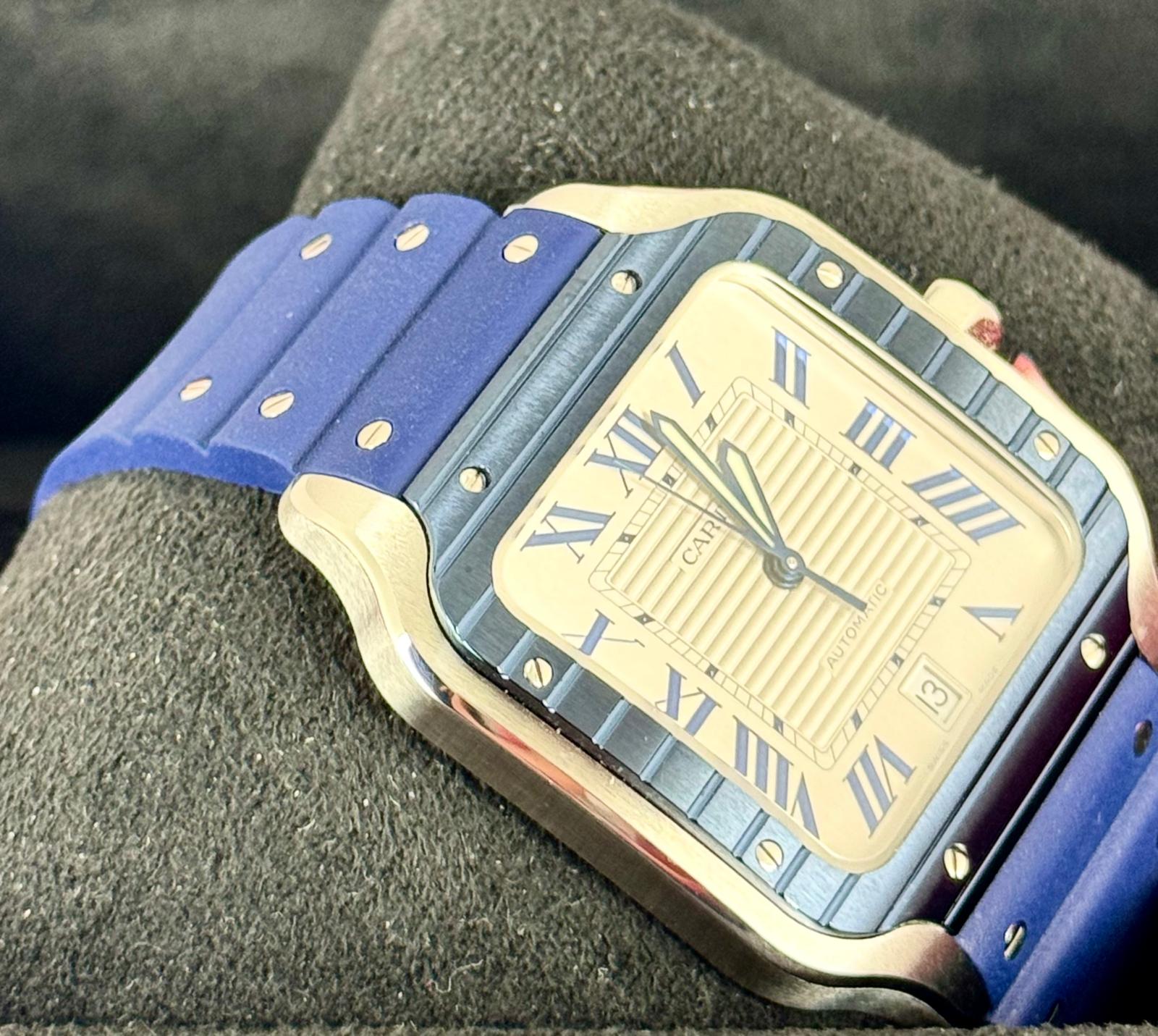 Santos de Cartier 11/2024 neu, großes Zifferblatt, blaue Keramiklünette