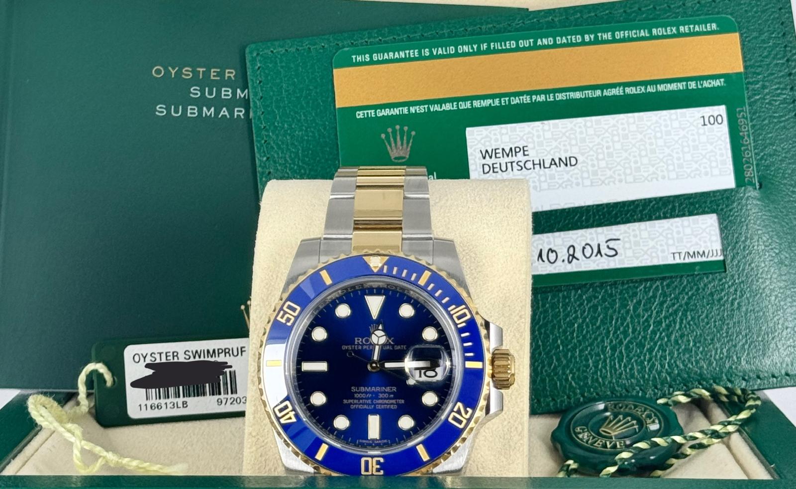 Rolex Submariner Date Bluesy 2015 LC 100 Box und Papiere Wie neu