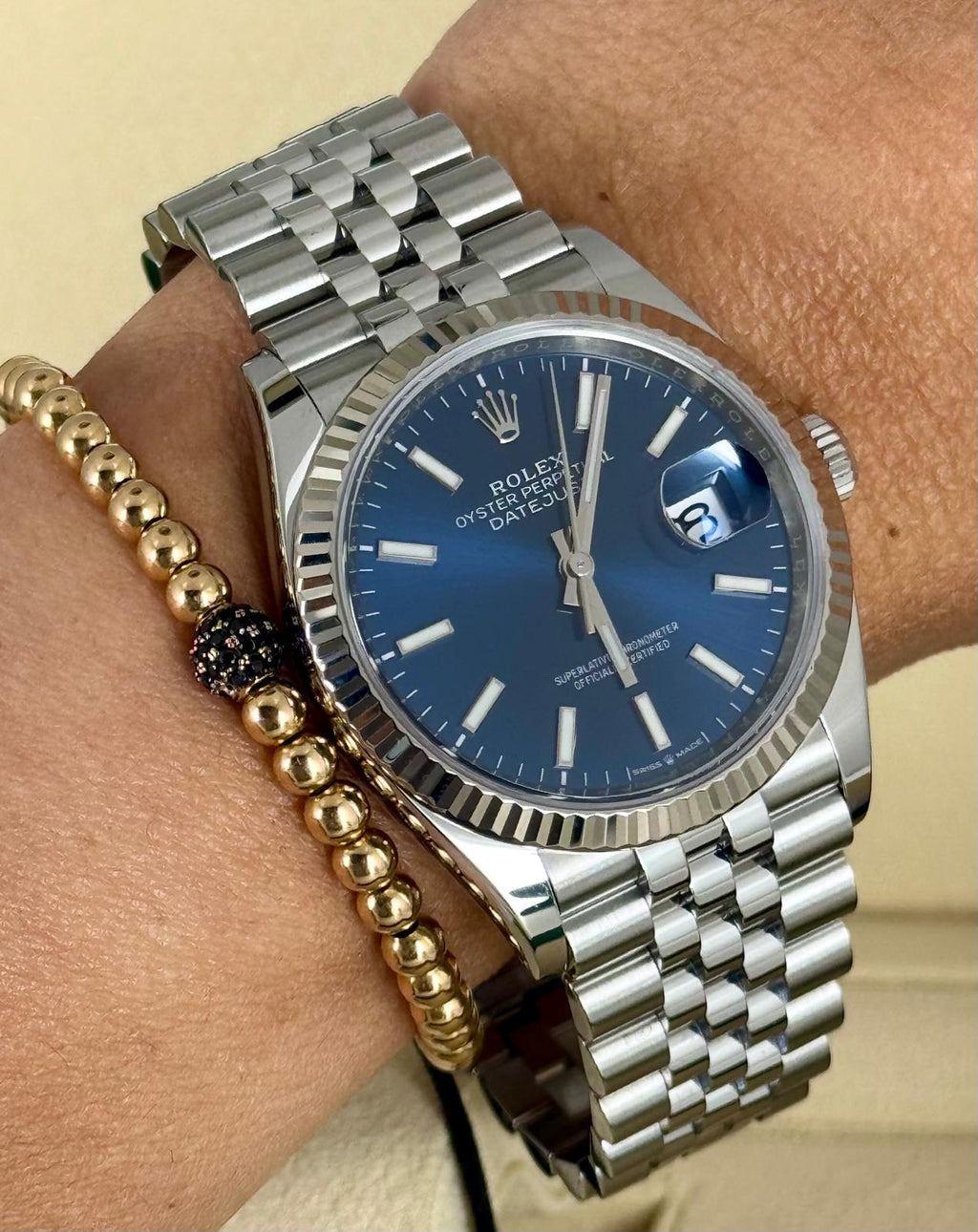 Rolex Datejust 36 Weißgold-Lünette Jubilee-Armband Blaues Zifferblatt mit Strichindizes Komplettset
