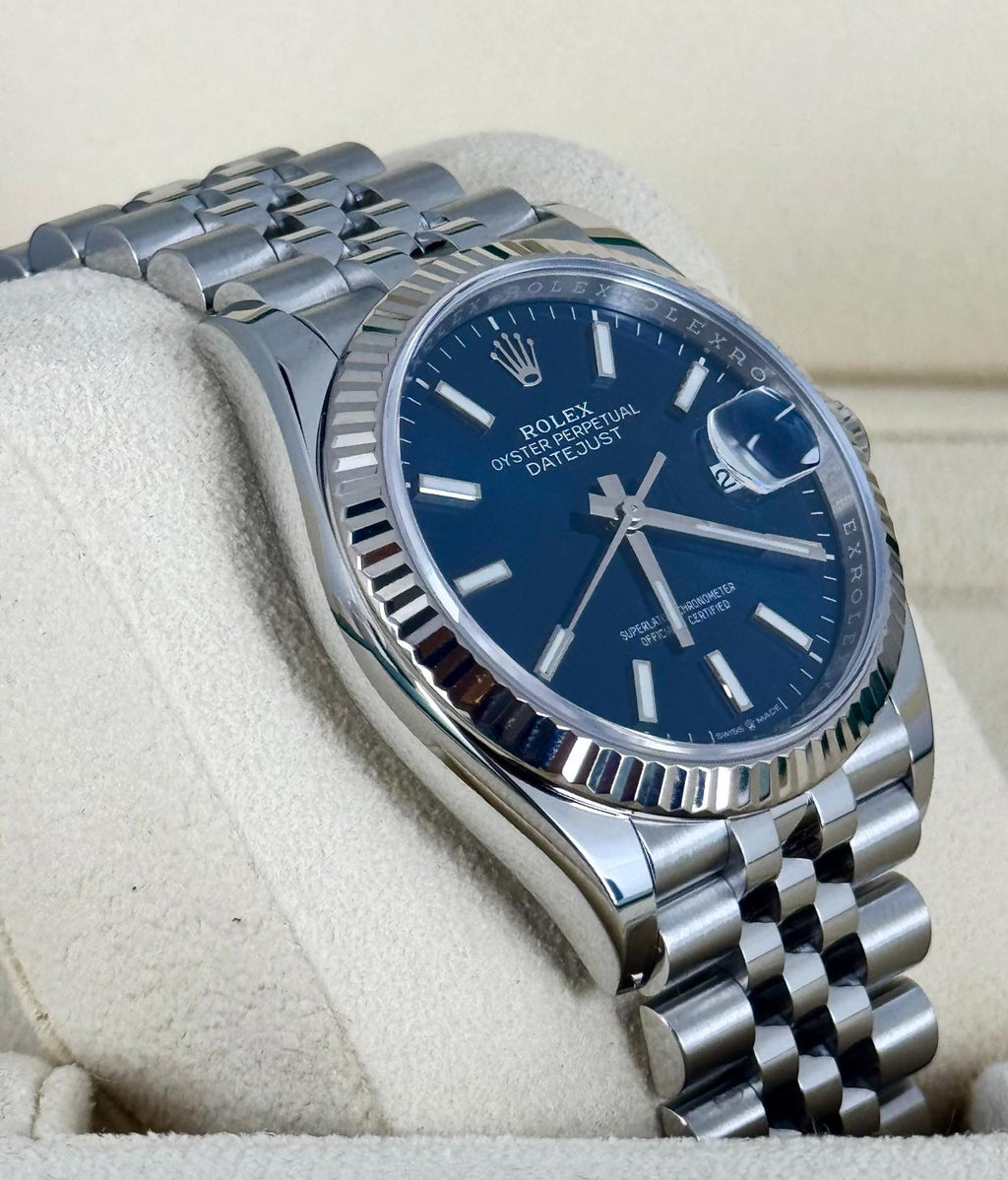 Rolex Datejust 36 Weißgold-Lünette Jubilee-Armband Blaues Zifferblatt mit Strichindizes Komplettset