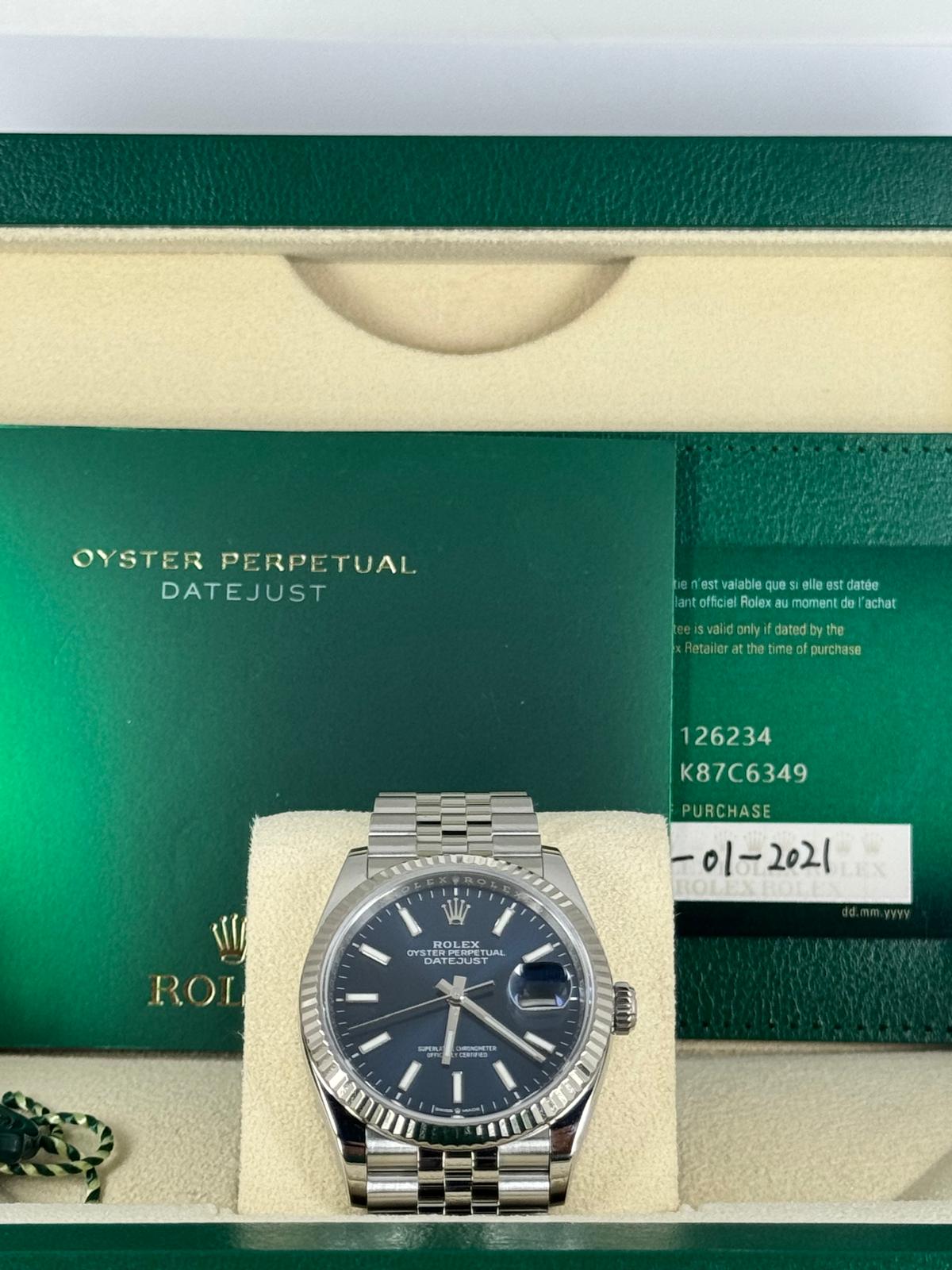 Rolex Datejust 36 Weißgold-Lünette Jubilee-Armband Blaues Zifferblatt mit Strichindizes Komplettset