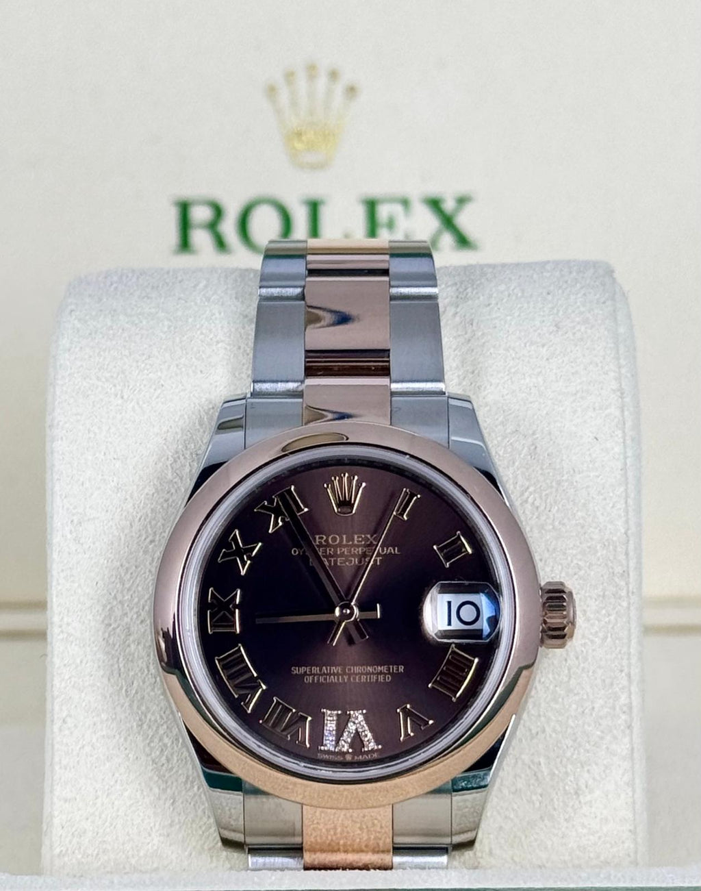 Rolex Datejust 31 mm 18K Roségold mit Schokoladen-Zifferblatt mit Diamanten
