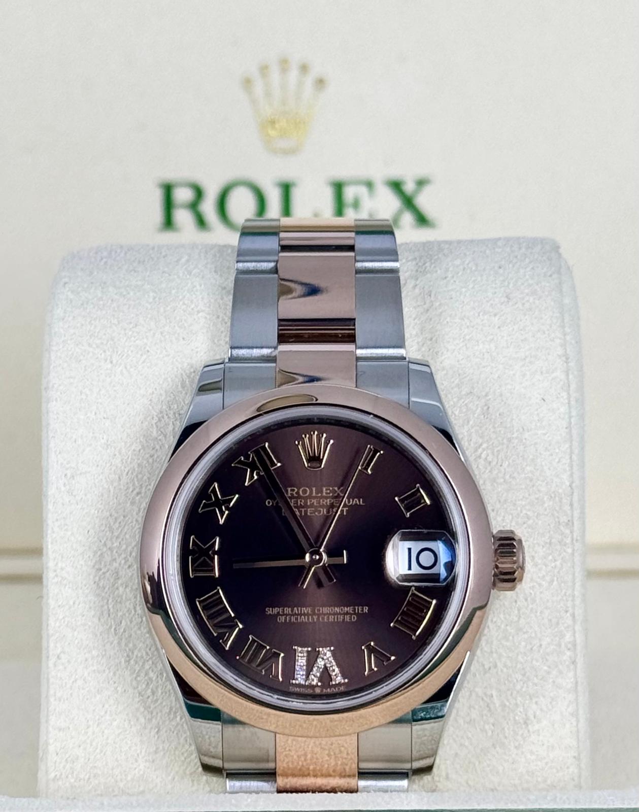 Rolex Datejust 31 mm 18K Roségold mit Schokoladen-Zifferblatt mit Diamanten