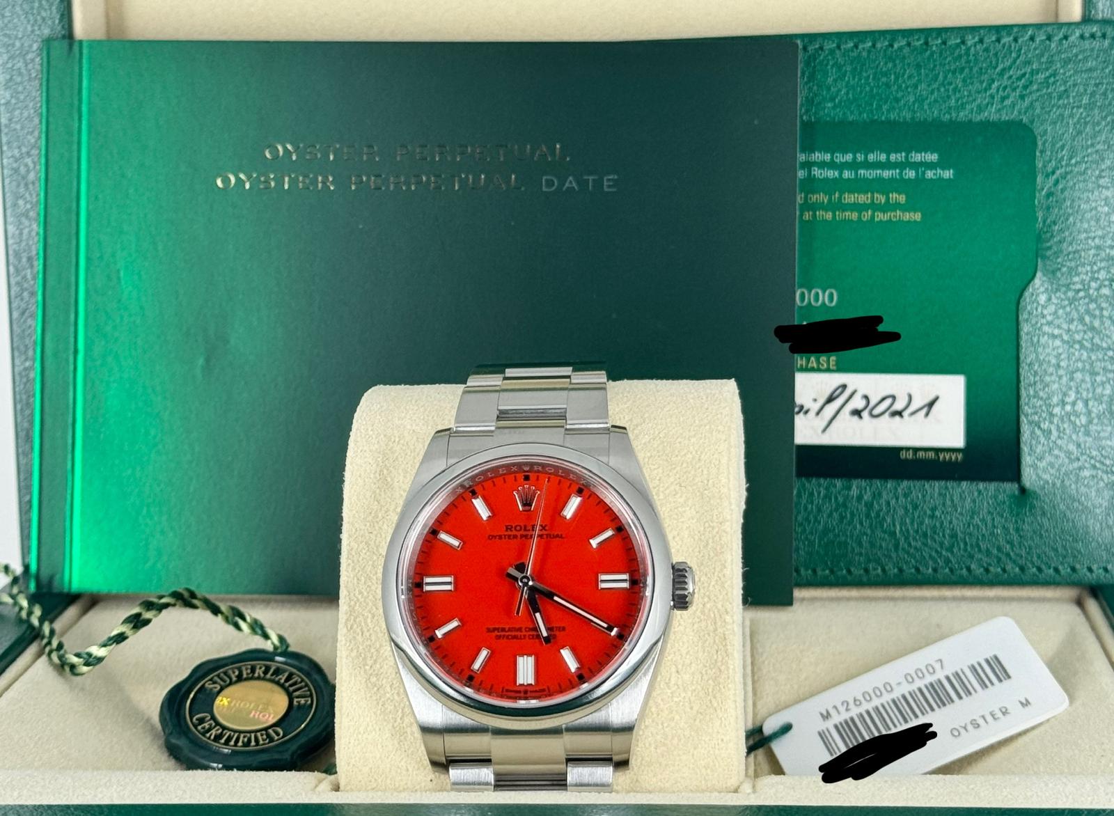 Rolex Oyster Perpetual 36 mit korallenrotem Zifferblatt, Full Set 2021
