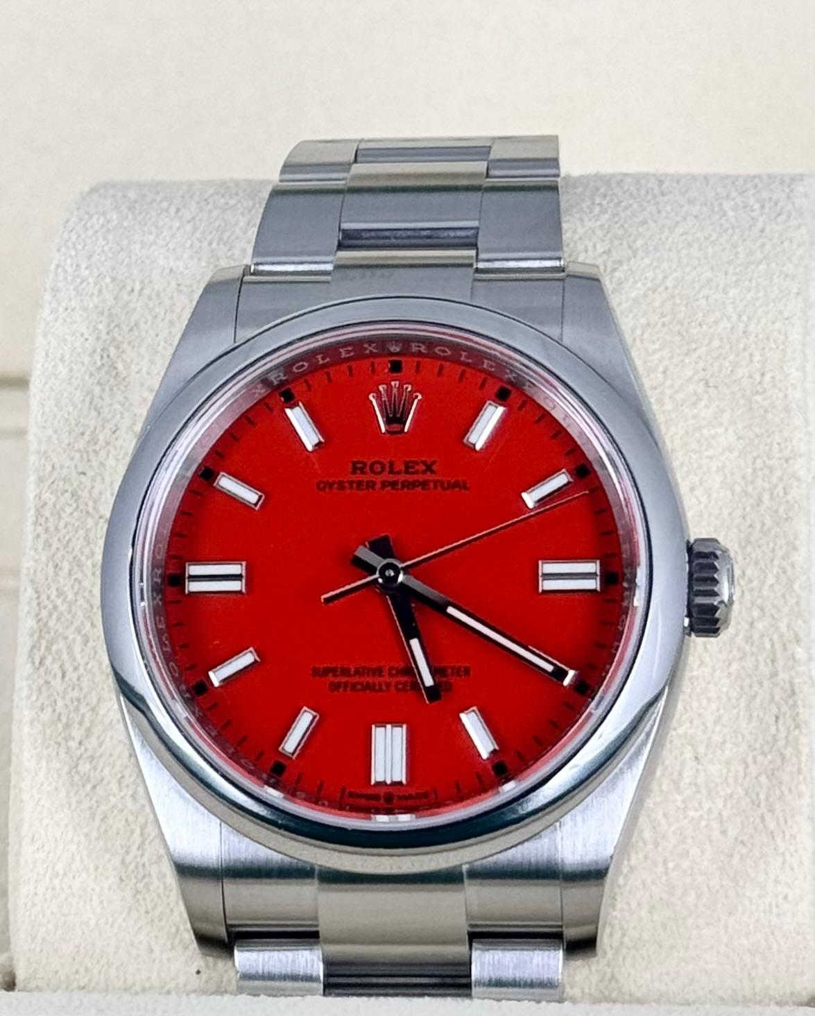 Rolex Oyster Perpetual 36 mit korallenrotem Zifferblatt, Full Set 2021