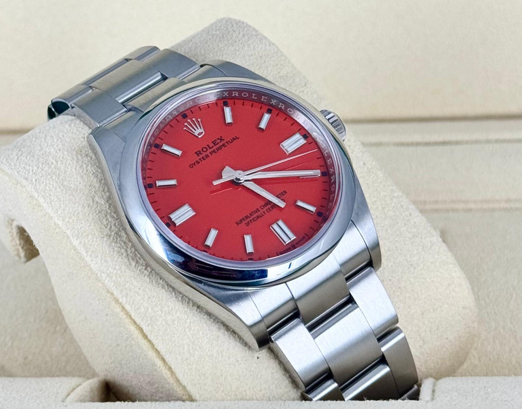 Rolex Oyster Perpetual 36 mit korallenrotem Zifferblatt, Full Set 2021