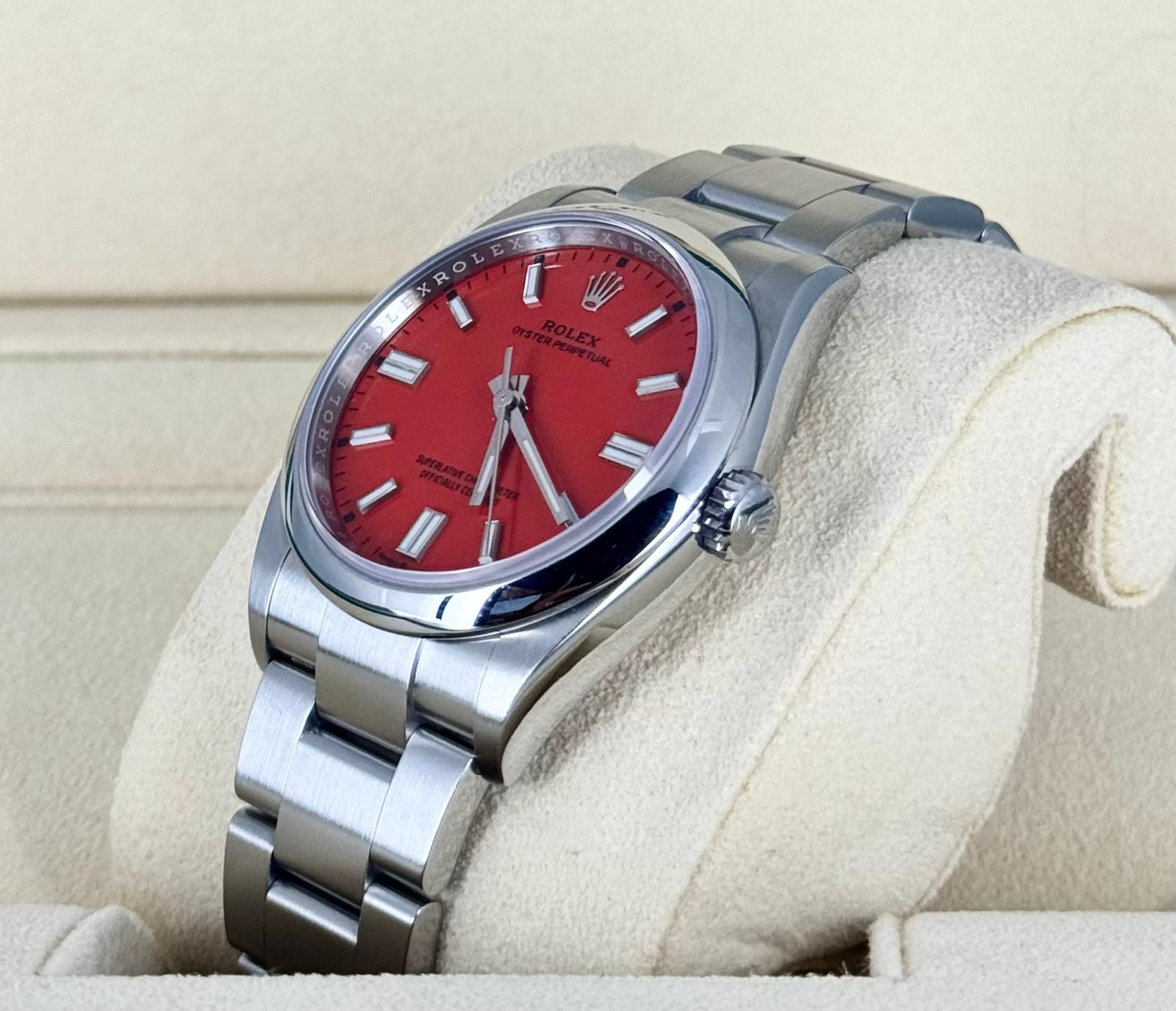 Rolex Oyster Perpetual 36 mit korallenrotem Zifferblatt, Full Set 2021
