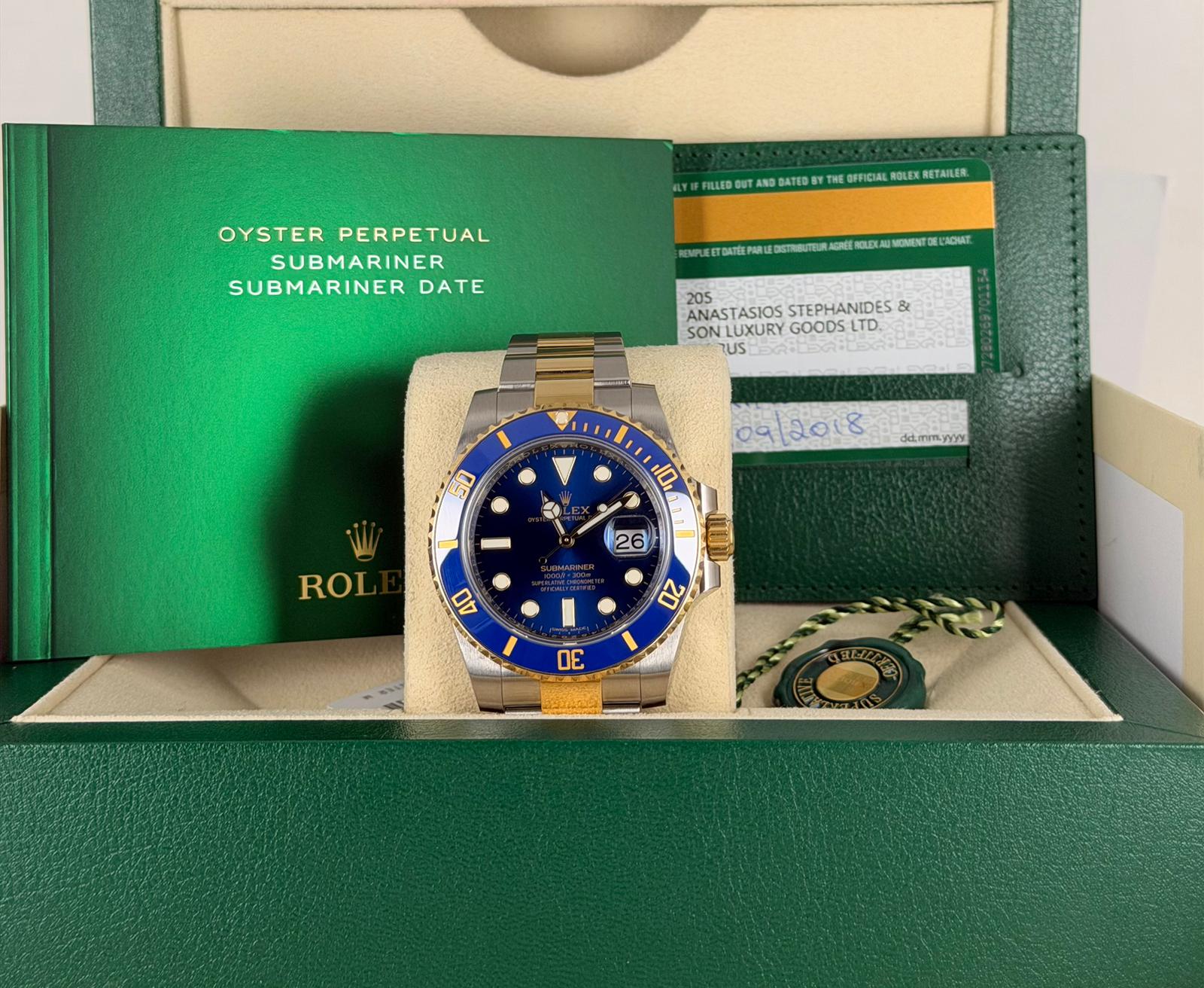 Rolex Submariner Date Bluesy 2018 EU-Papiere Box und Papiere wie neu