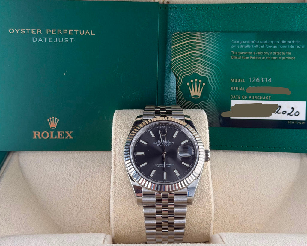 Rolex Datejust 41 mm, Rhodium, am Jubilee-Armband, Komplettset