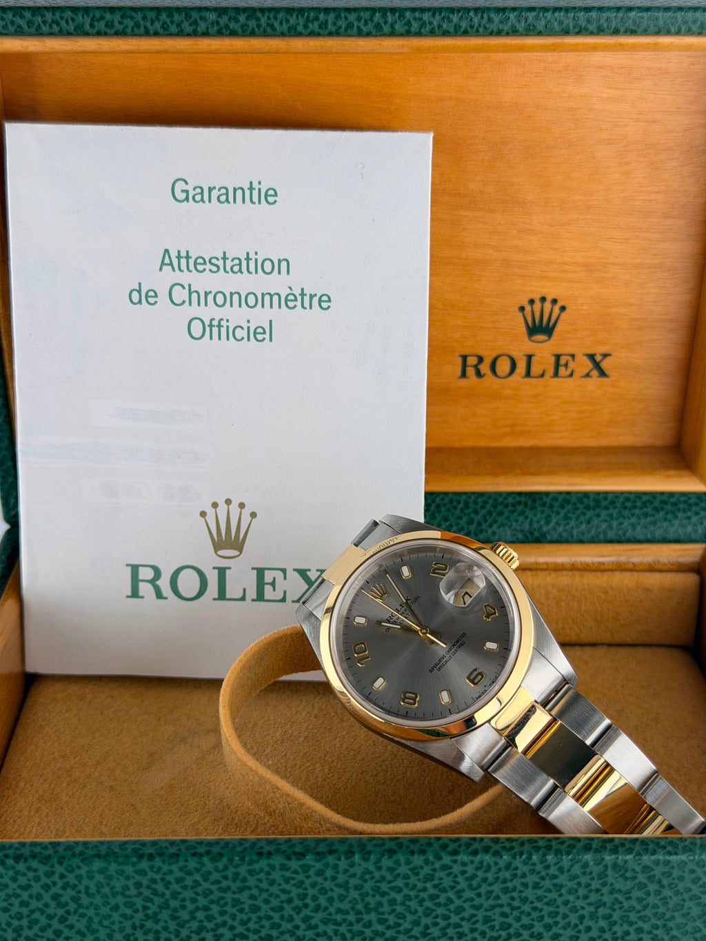 Rolex Oyster Perpetual, Stahl und 18 Karat Gold, Komplettset, 2005, nach Service
