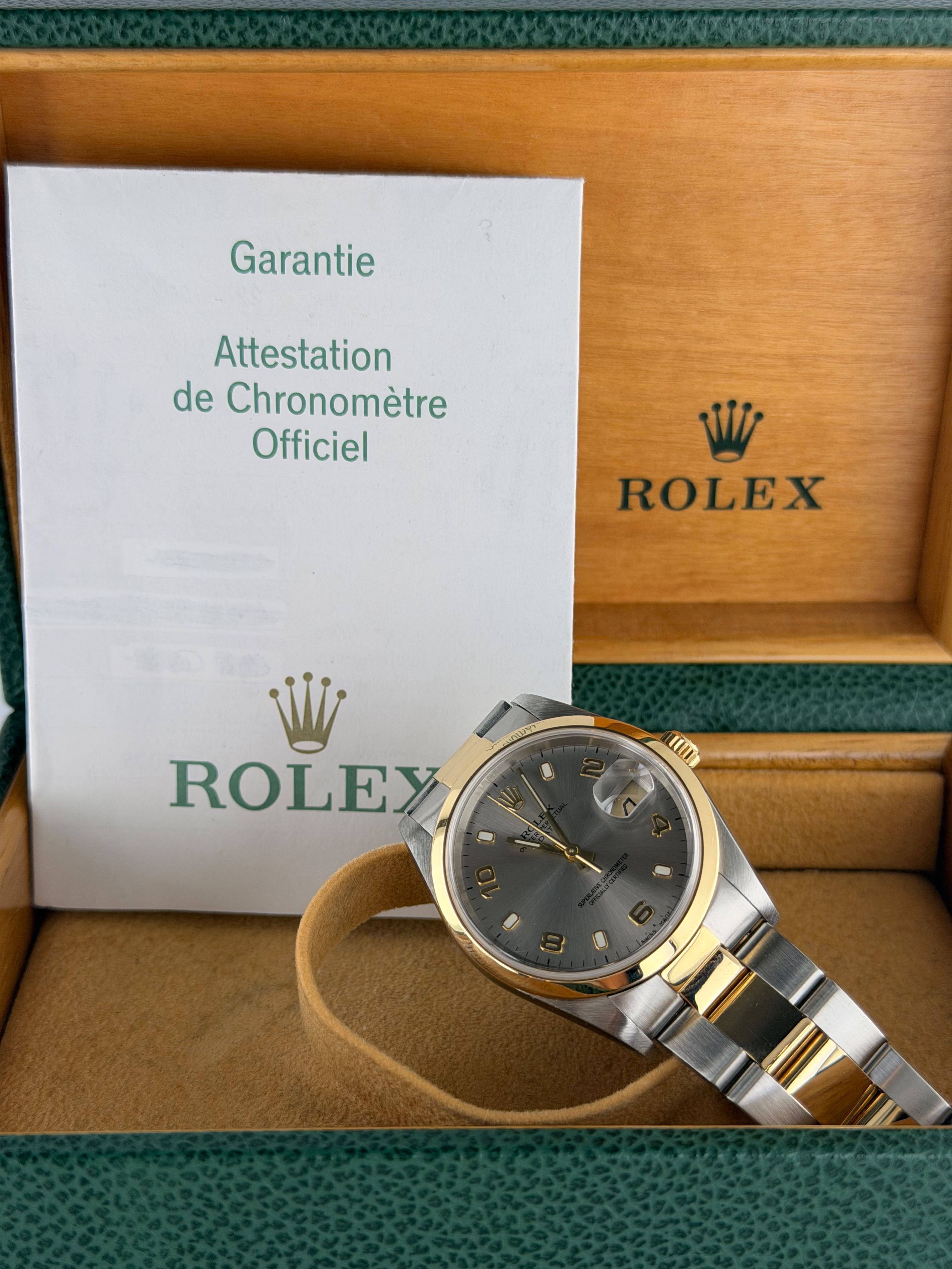 Rolex Oyster Perpetual, Stahl und 18 Karat Gold, Komplettset, 2005, nach Service