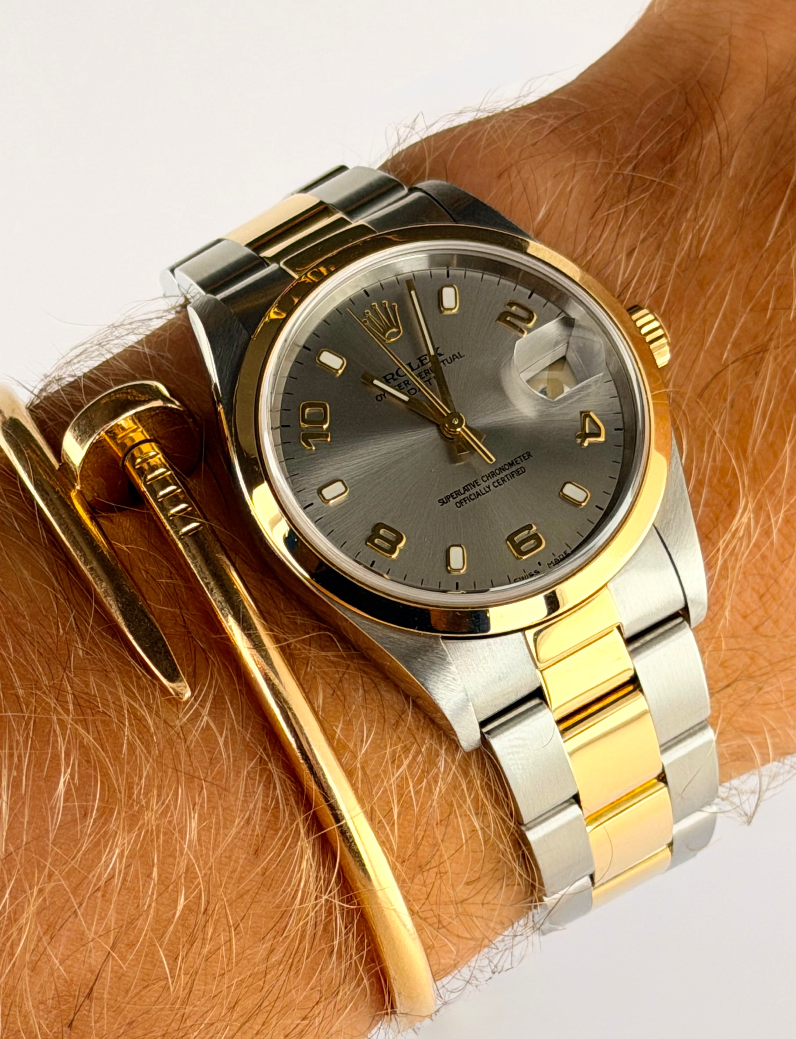 Rolex Oyster Perpetual, Stahl und 18 Karat Gold, Komplettset, 2005, nach Service