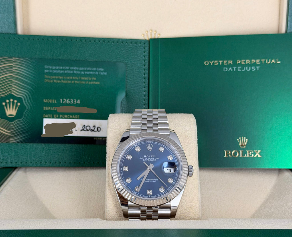 Rolex Datejust 41 Blaues Zifferblat mit Diamanten Bj 2020 Wie Neu Box und Pap