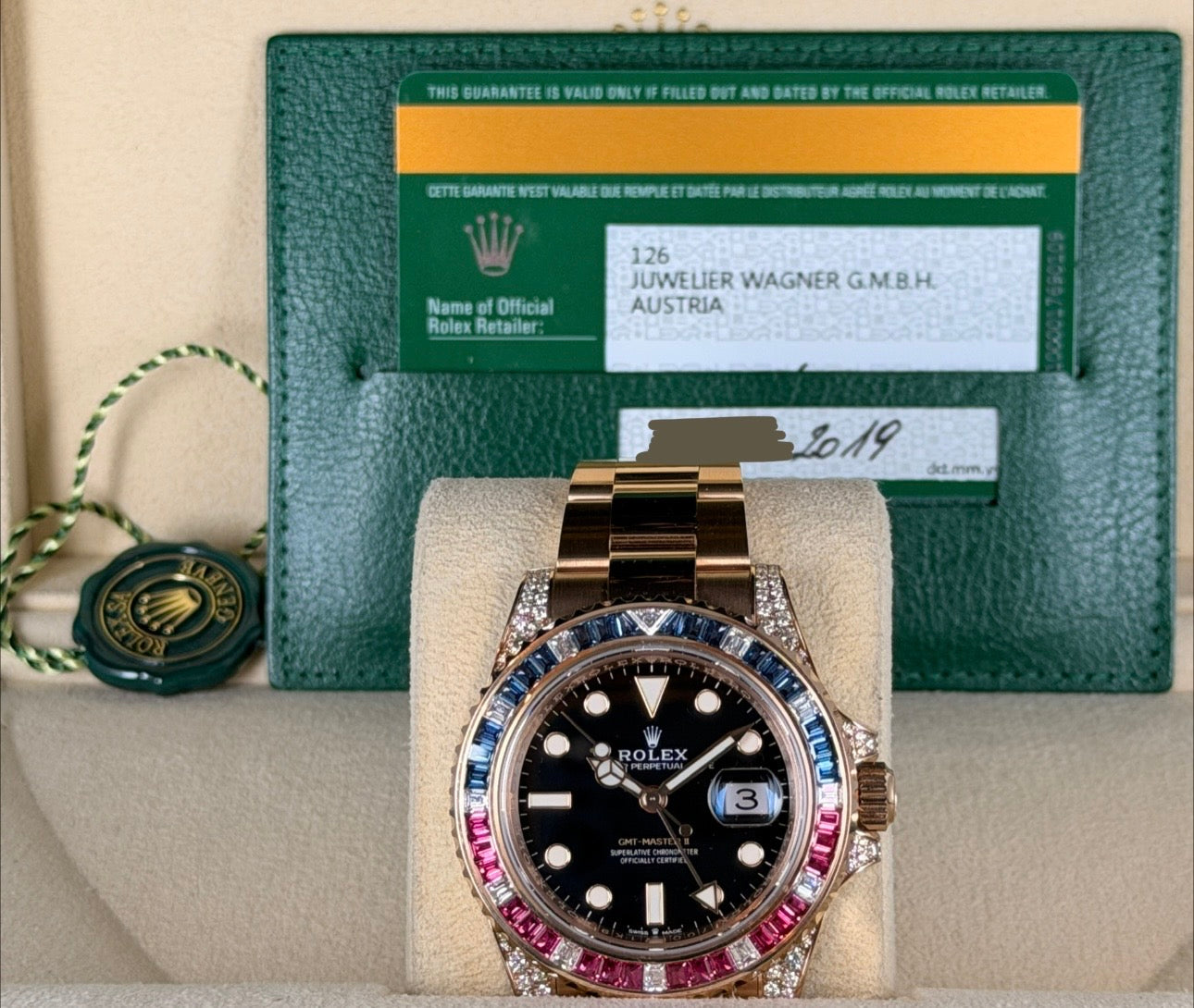 Rolex GMT-Master II 18 Karat Roségold, werksseitige Diamanten, 2019, wie neu, Full Set