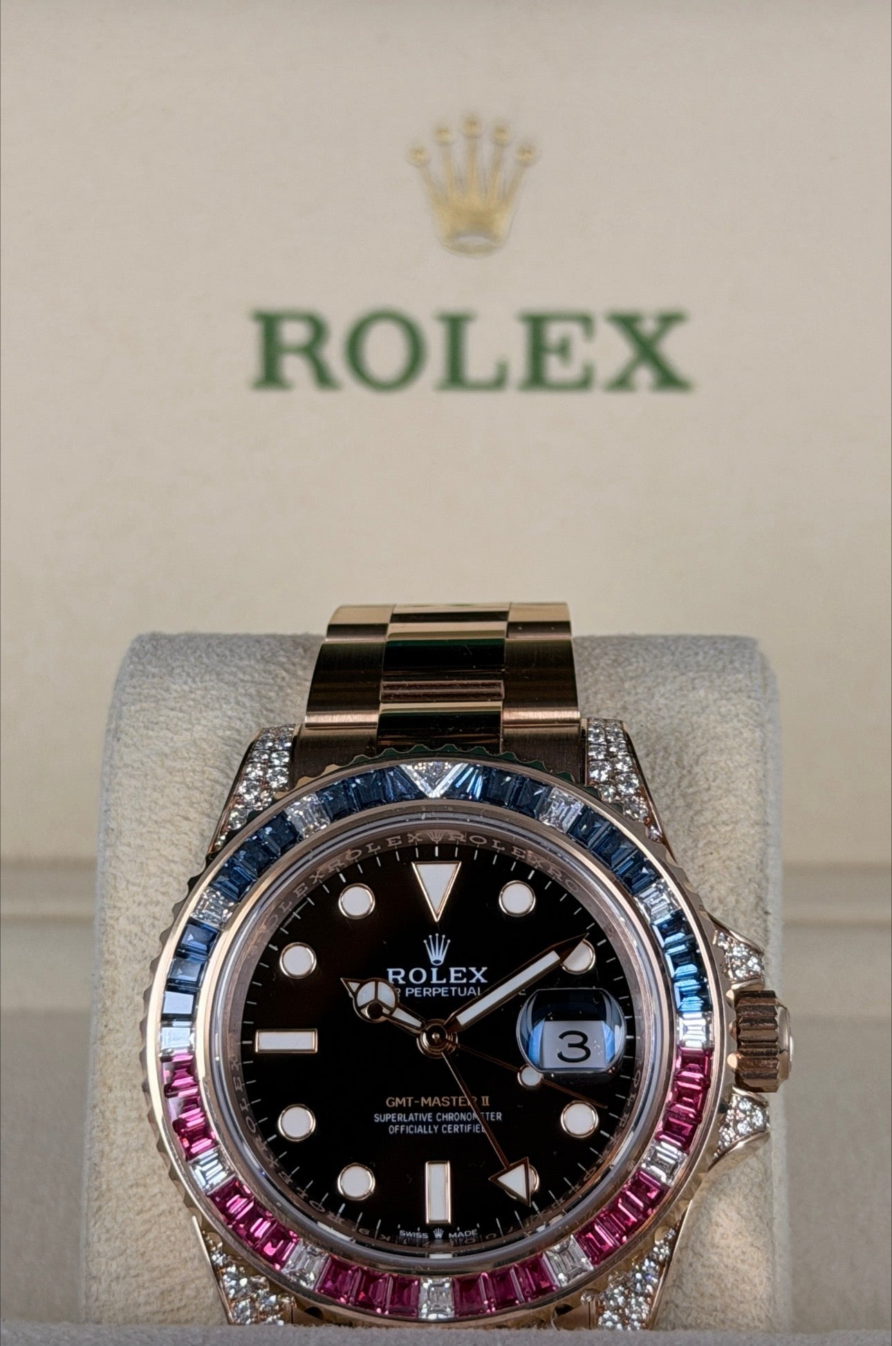 Rolex GMT-Master II 18 Karat Roségold, werksseitige Diamanten, 2019, wie neu, Full Set