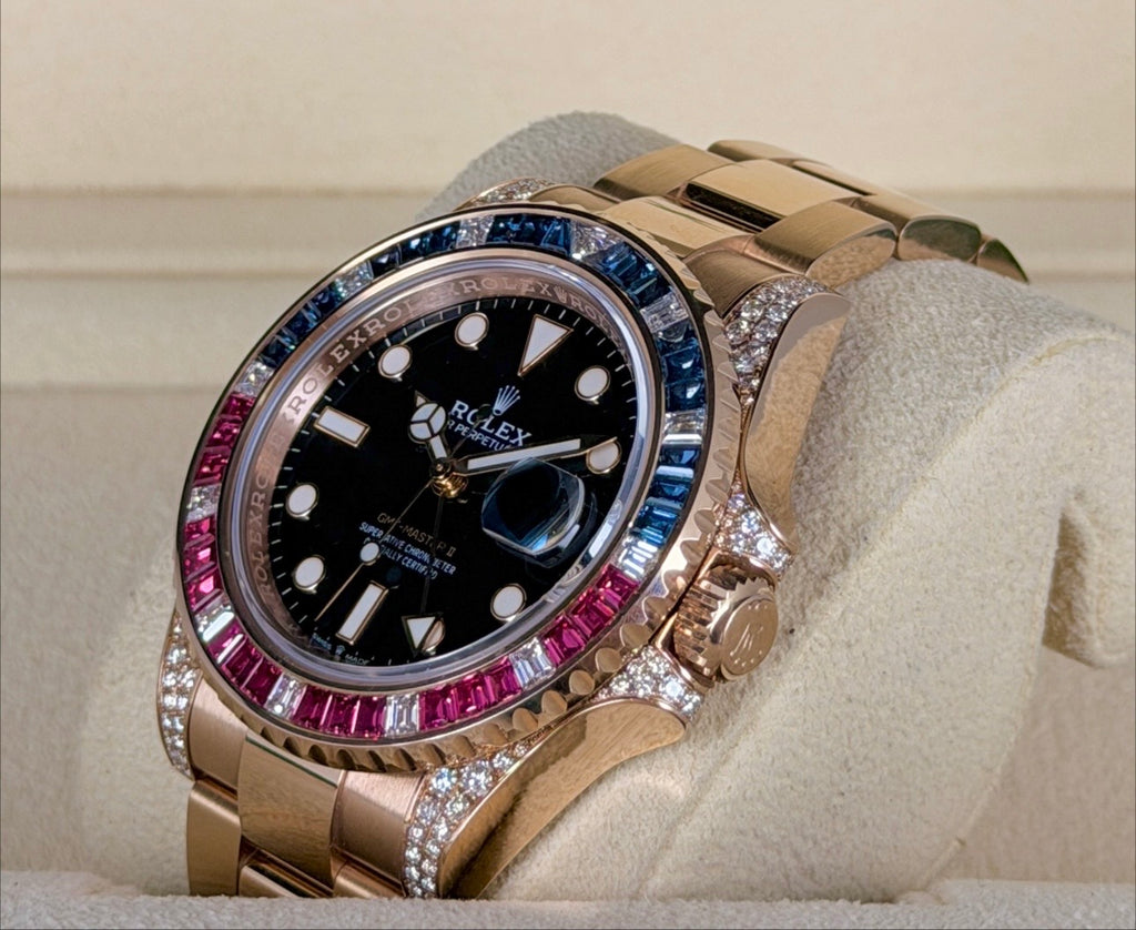 Rolex GMT-Master II 18 Karat Roségold, werksseitige Diamanten, 2019, wie neu, Full Set