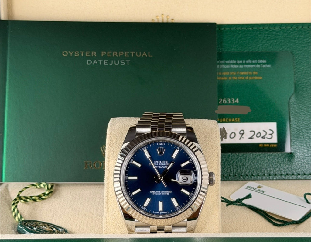 Rolex Datejust 41 Box und Papieren Wie Neu Zustand Blau Stick Zifferblat 18k