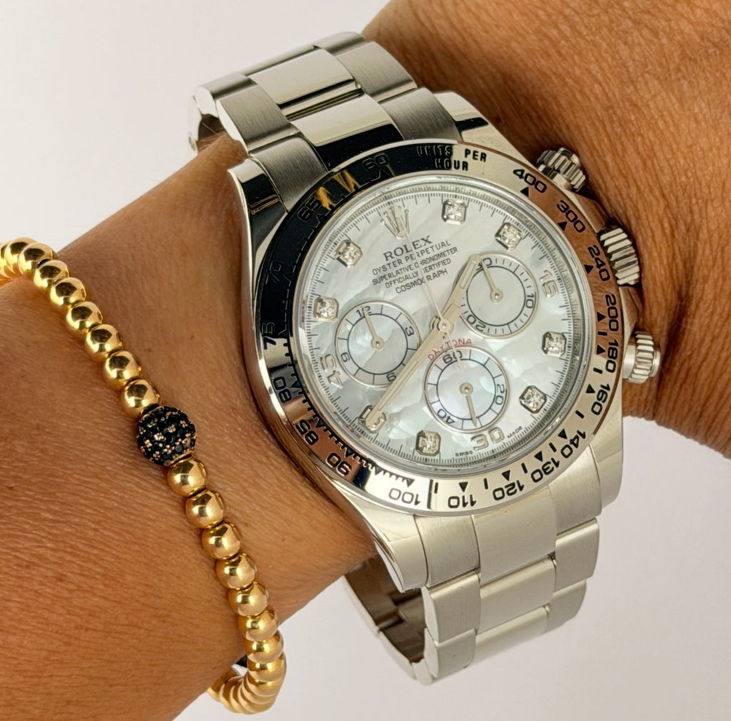 Rolex Daytona 18 Karat Weißgold, Baujahr 2019, Perlmuttzifferblatt, neuwertiger Zustand