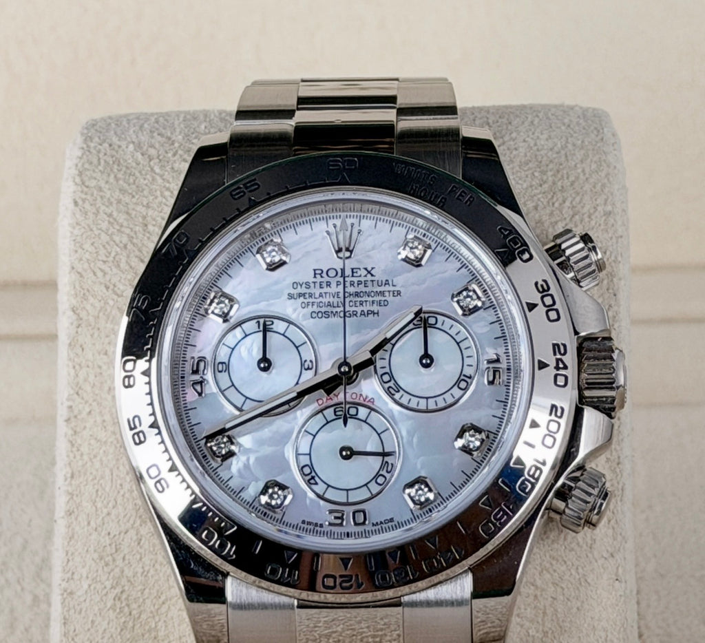 Rolex Daytona 18 Karat Weißgold, Baujahr 2019, Perlmuttzifferblatt, neuwertiger Zustand