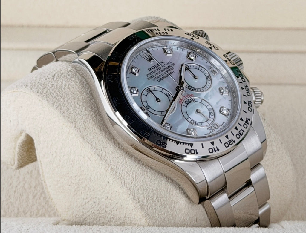 Rolex Daytona 18 Karat Weißgold, Baujahr 2019, Perlmuttzifferblatt, neuwertiger Zustand